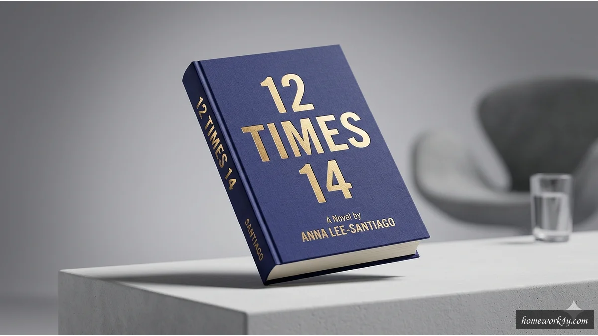 Sleek 3D angled book mockup of '12 Times 14' on a clean workspace