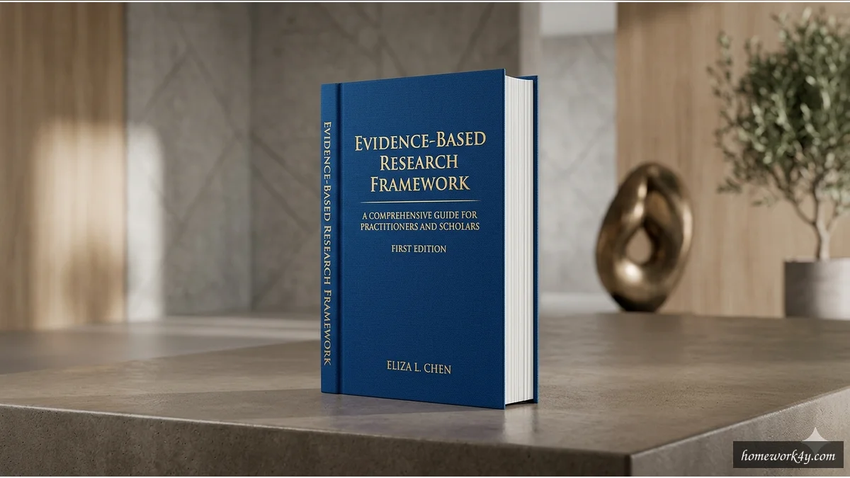 Sleek 3D angled book mockup of 'Evidence-Based Research Framework' on a clean workspace