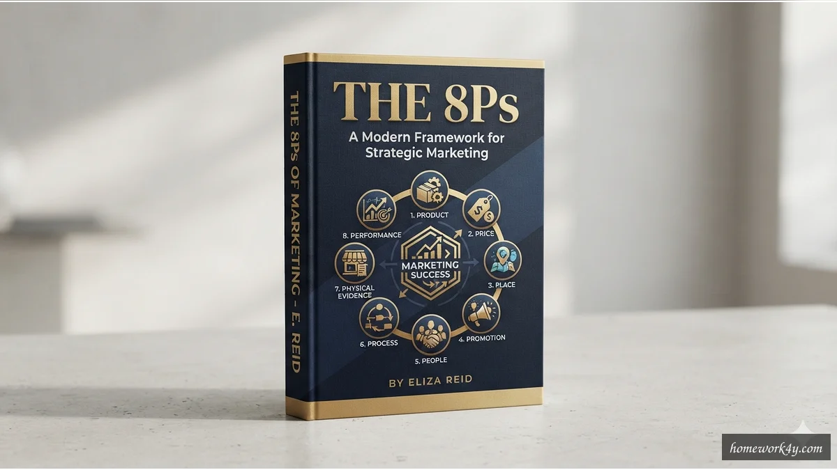 Sleek 3D angled book mockup of the 8ps of marketing on a clean workspace