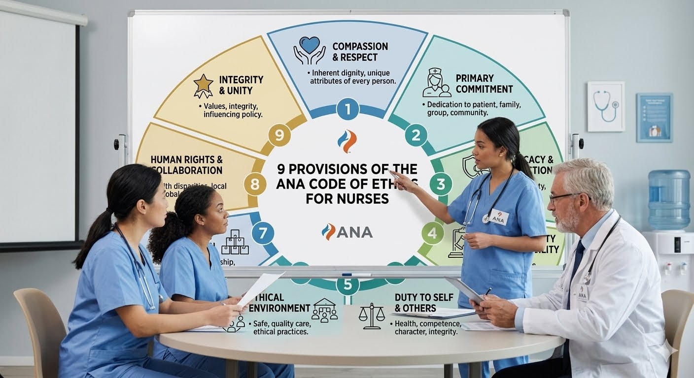 Nurse in a meeting with other healthcare professionals discussing the ANA Code of Ethics