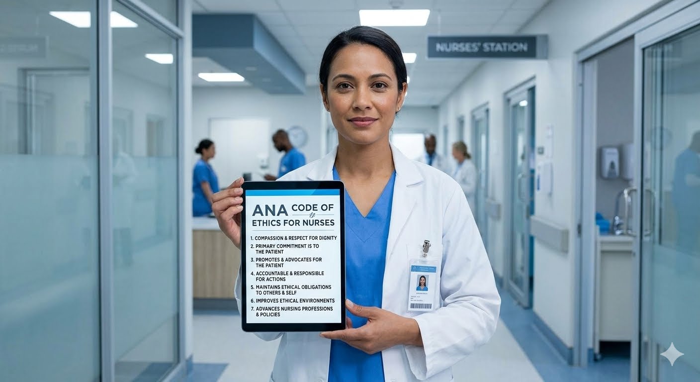 Nurse holding a tablet with the ANA Code of Ethics on the screen