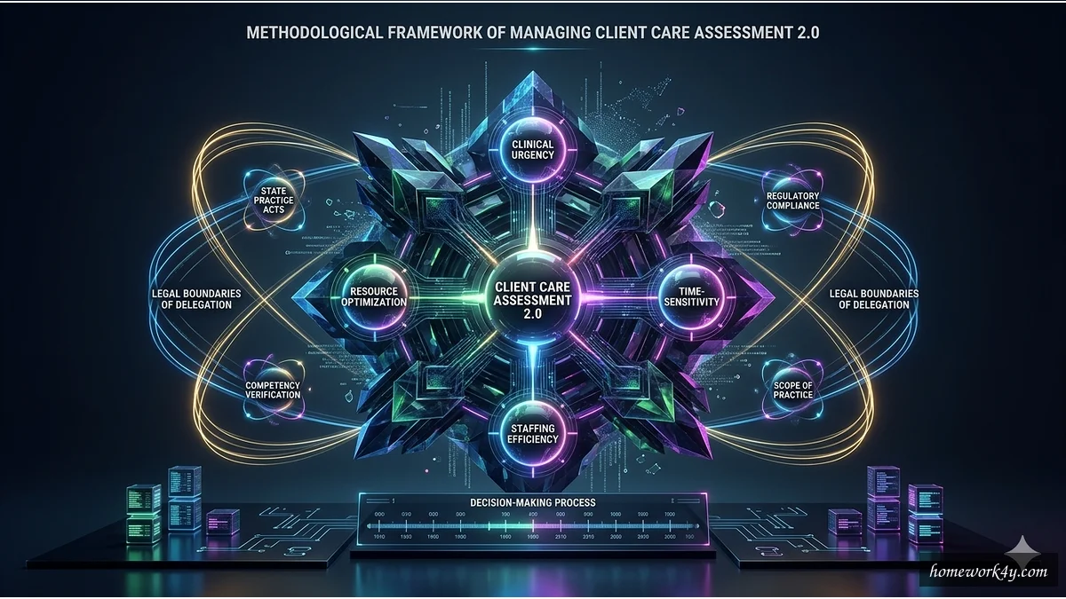 Abstract visual model of Managing Client Care Assessment 2.0 methodological framework with neon accents