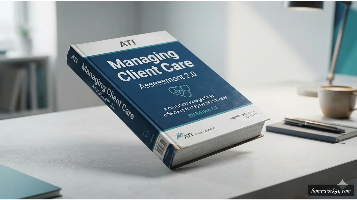 Sleek 3D book mockup of ATI Managing Client Care Assessment 2.0 on a clean workspace