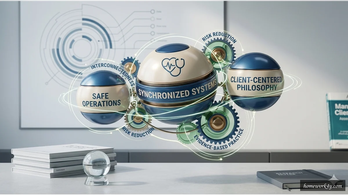 Conceptual illustration of client care philosophical underpinnings with interconnected gears