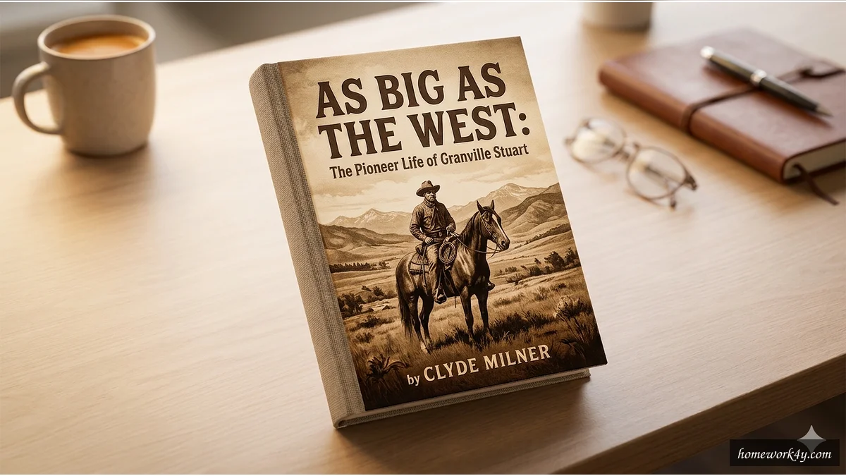 Sleek 3D angled book mockup of 'As Big as the West: The Pioneer Life of Granville Stuart' by Clyde Milner on a clean workspace