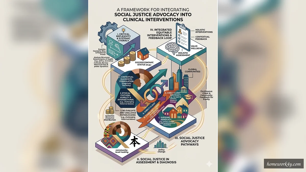 Flowchart mapping the pathways for incorporating social justice advocacy into clinical interventions, featuring icons, graphics, and text, and promoting social justice and equity in mental health care