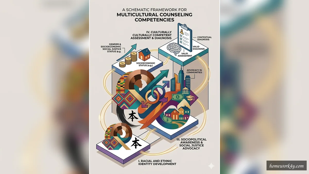 Infographic illustrating multicultural counseling competencies, including racial and ethnic identity development, gender and socioeconomic identity intersectionality, and sociopolitical awareness and social justice advocacy
