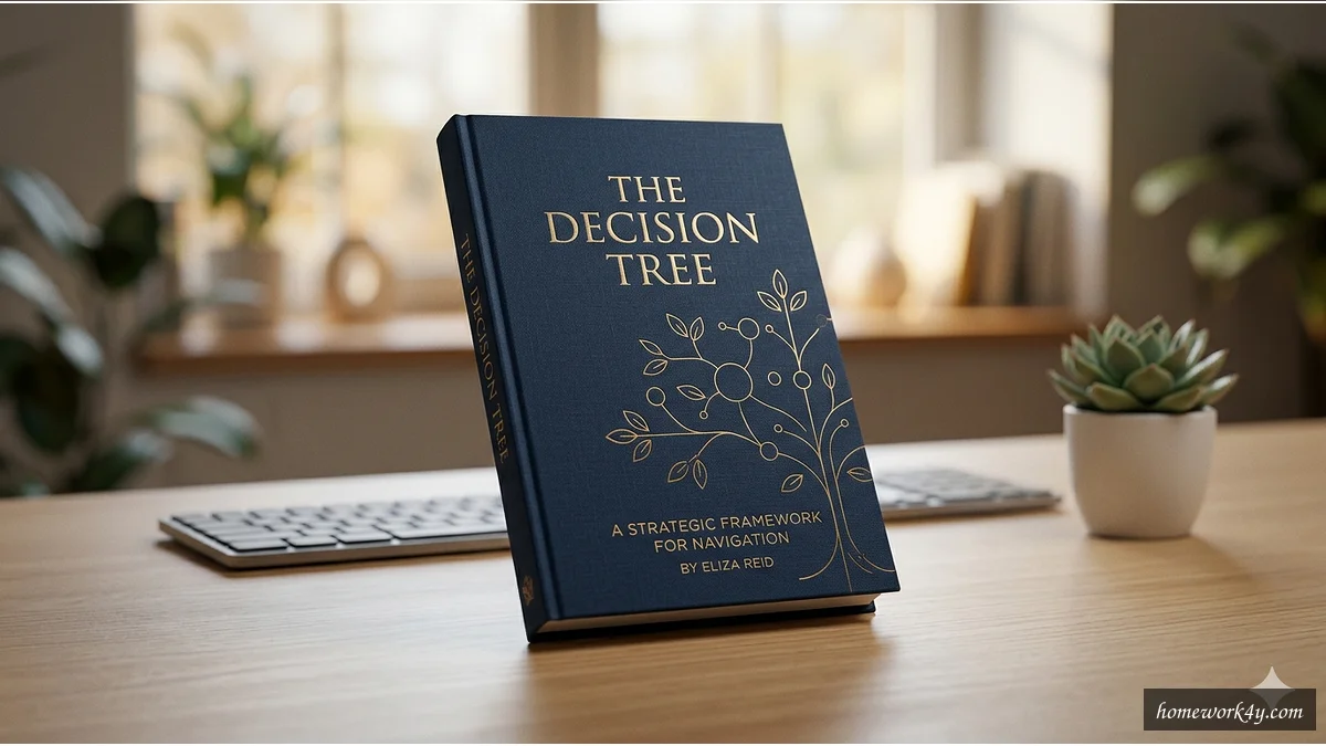 Sleek 3D angled book mockup of decision tree in Excel on a clean workspace