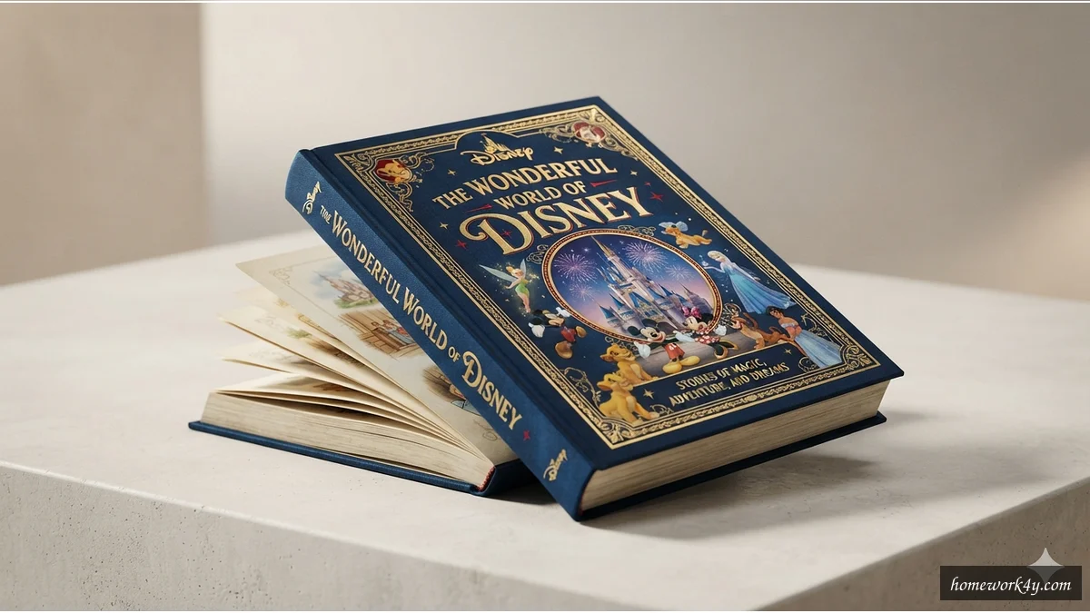 Sleek, 3D angled book mockup of Disney's vision statement on a clean workspace