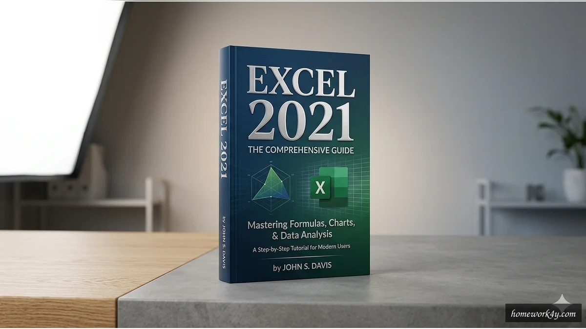 Sleek 3D angled book mockup of Excel 2021 on a clean workspace