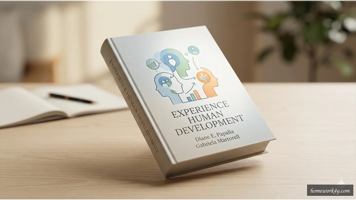 Sleek 3D angled book mockup of 'Experience Human Development' on a clean workspace