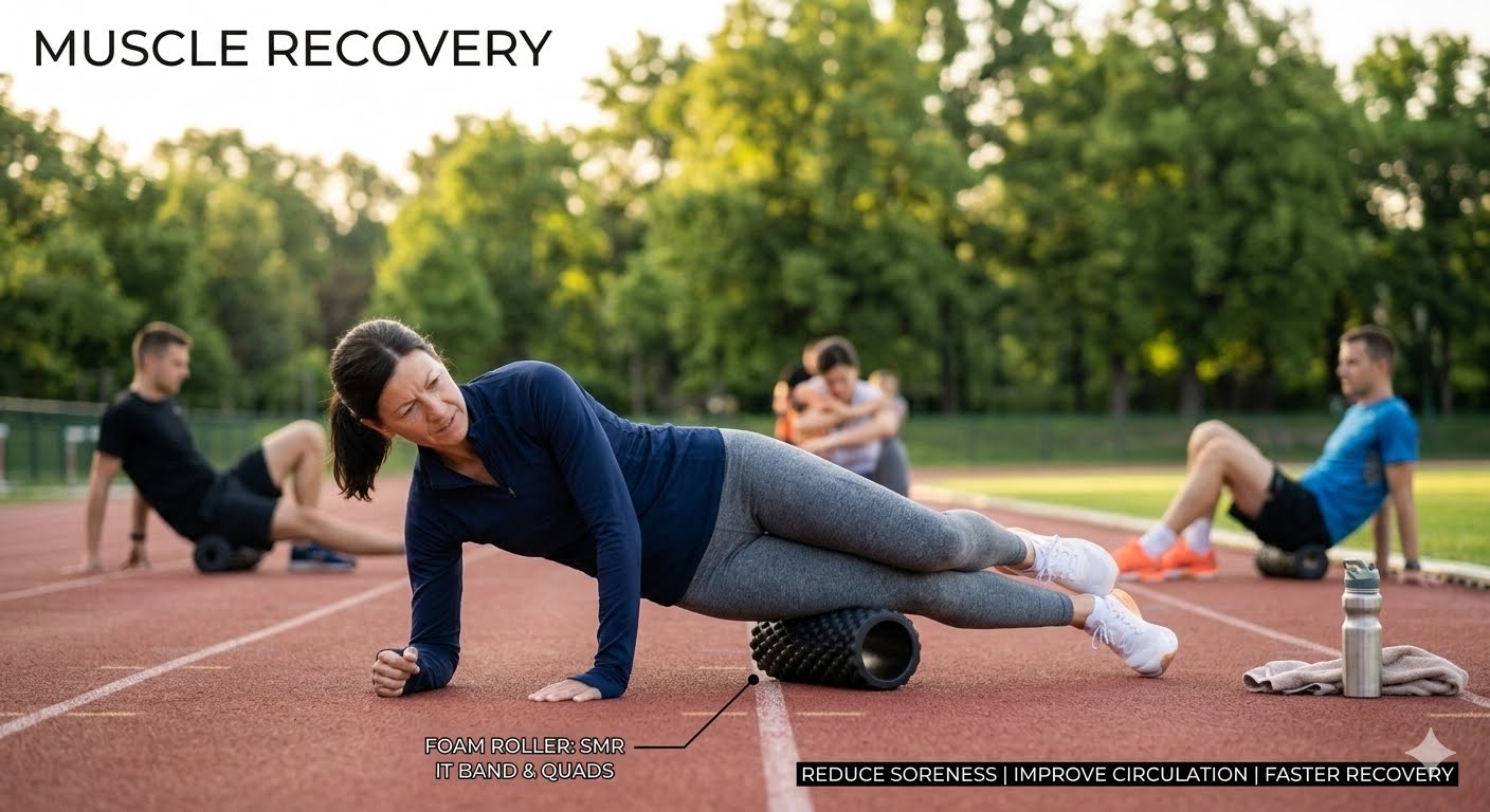 Self-myofascial release techniques using a foam roller to reduce muscle soreness and improve recovery after a workout.