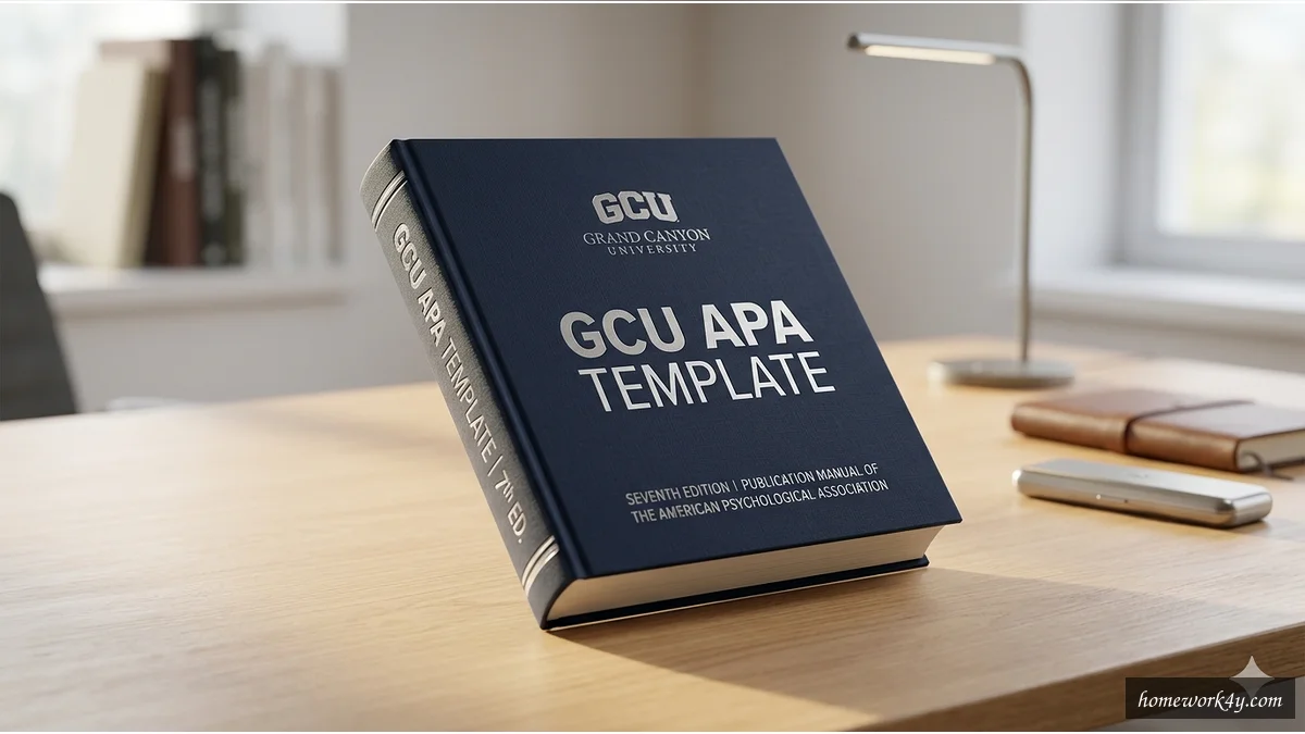 Sleek 3D angled book mockup of the GCU APA template on a clean workspace