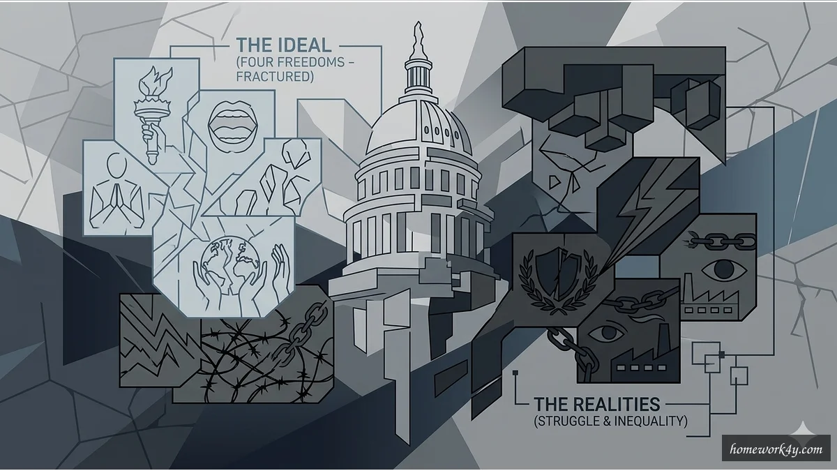 Abstract visual representation of American societal complexities during World War II