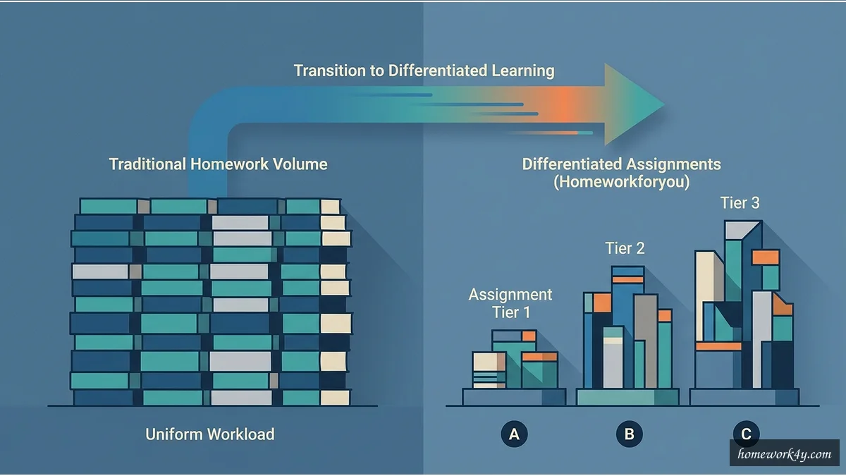 Minimalist split‑screen vector showing uniform blocks for traditional homework versus tiered blocks for the Homeworkforyou model, linked by a gradient arrow.
