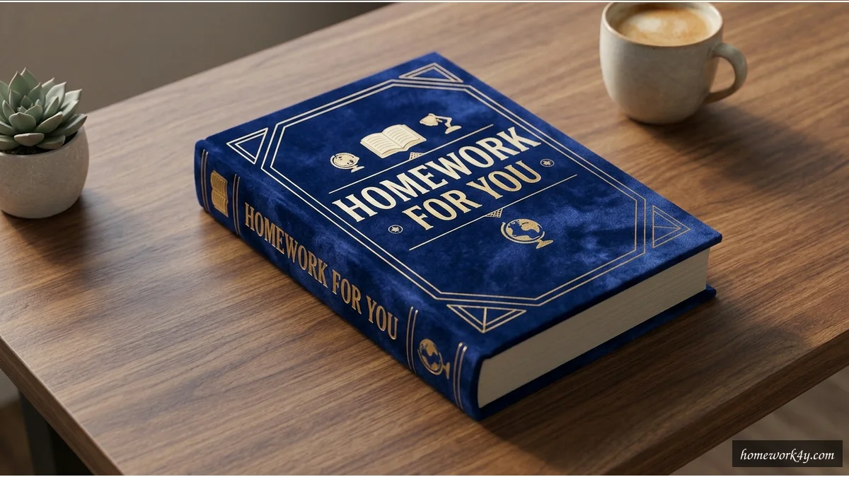 Cover of the Homeworkforyou book displayed at a 40° angle on a wooden desk, highlighting its title in academic blue-green tones.