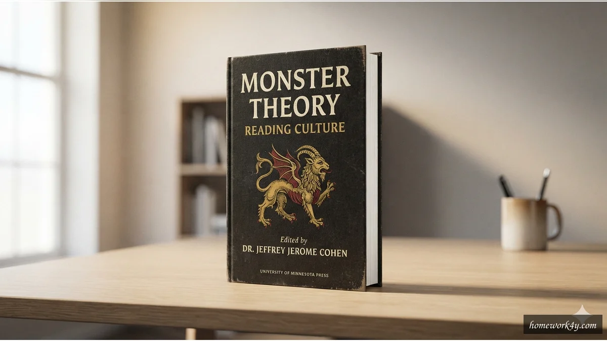 Sleek 3D angled book mockup of 'Monster Theory: Reading Culture' on a clean workspace
