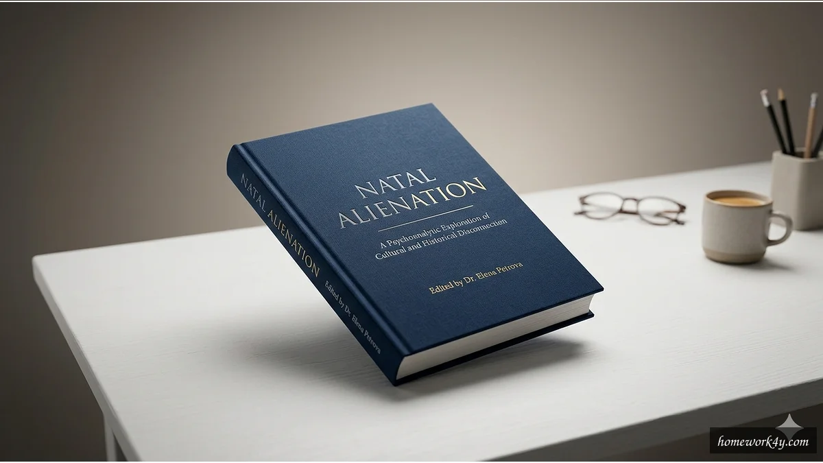 Sleek 3D angled book mockup of Natal Alienation on a clean workspace