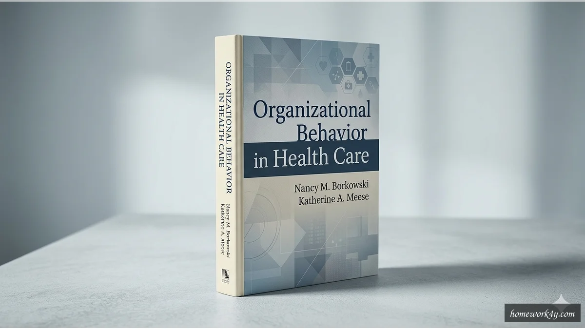 Sleek 3D angled book mockup of Organizational Behavior in Health Care on a clean workspace