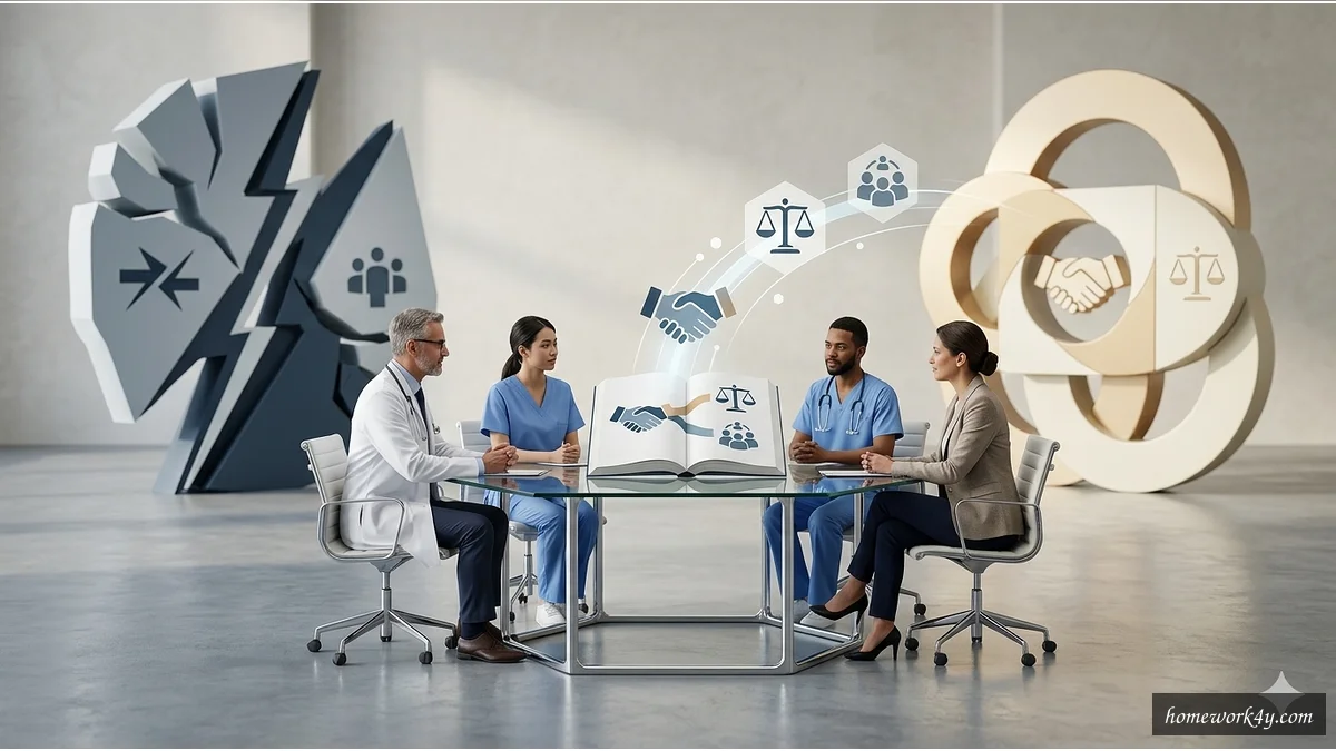 Interprofessional conflict resolution concept illustration in a healthcare setting