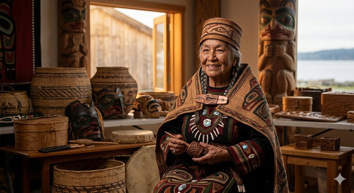 Pauline Hillaire, a revered Lummi Nation elder, surrounded by traditional Coast Salish regalia and cultural artifacts.