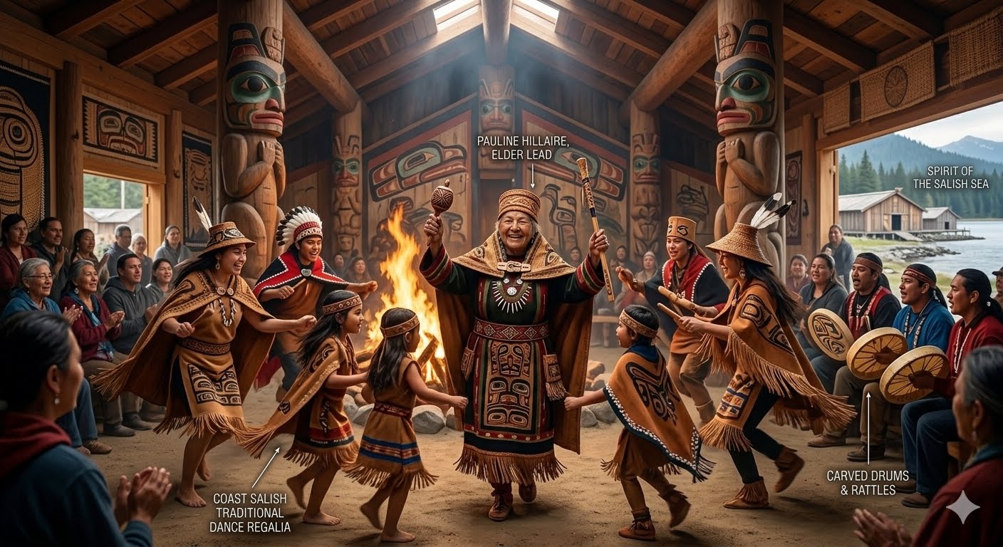 Pauline Hillaire leading a traditional dance group, with dancers dressed in traditional Coast Salish attire.