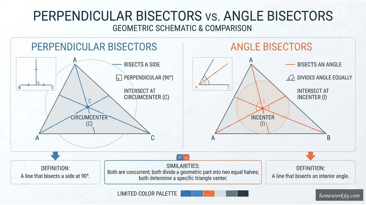 Triangle with perpendicular and angle bisectors schematic