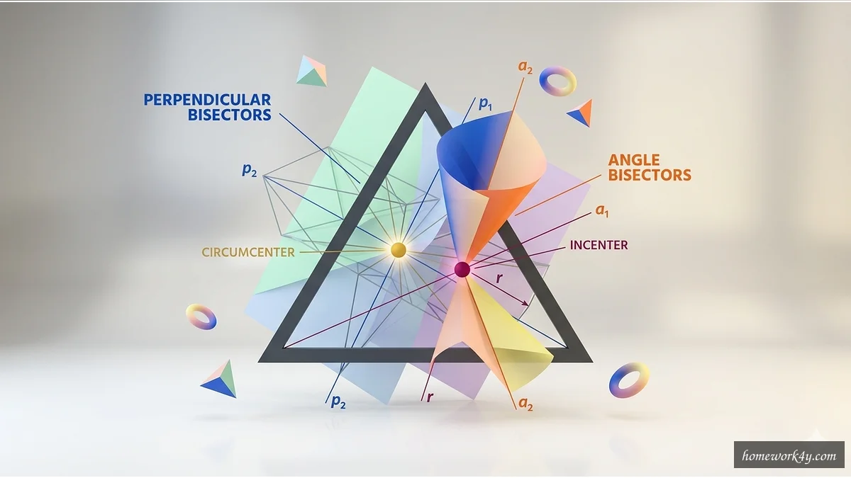Perpendicular and angle bisectors geometric relationship