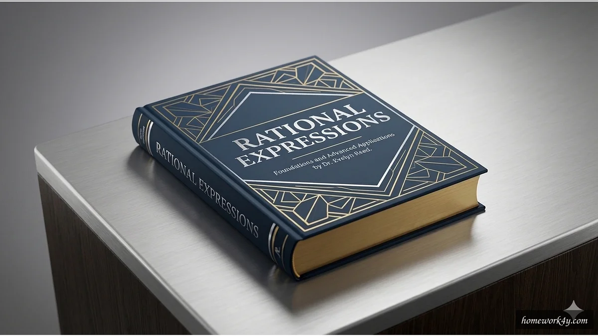 Sleek 3D angled book mockup of rational expressions on a clean workspace