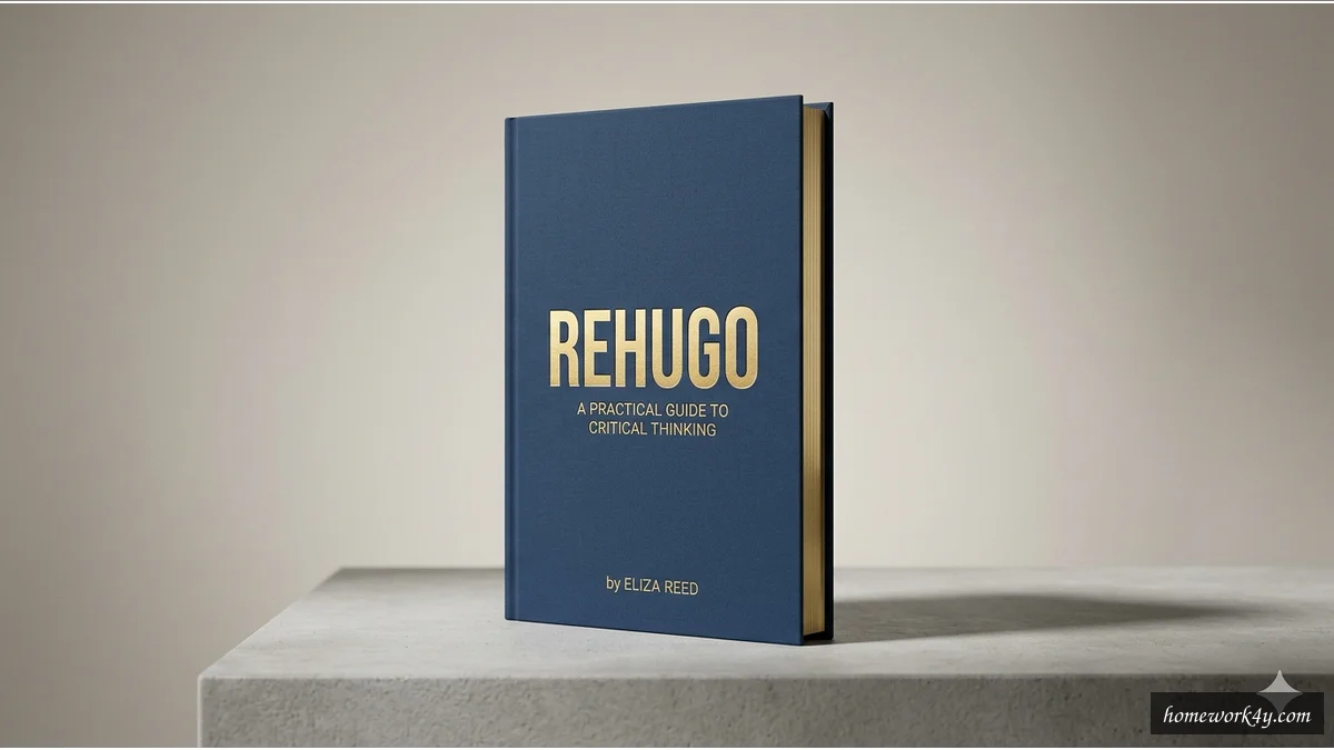 Rehugo book 3D mockup on a clean workspace