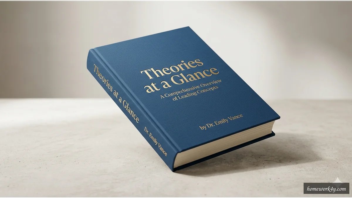 A sleek, 3D book mockup of 'Theories at a Glance' on a clean workspace