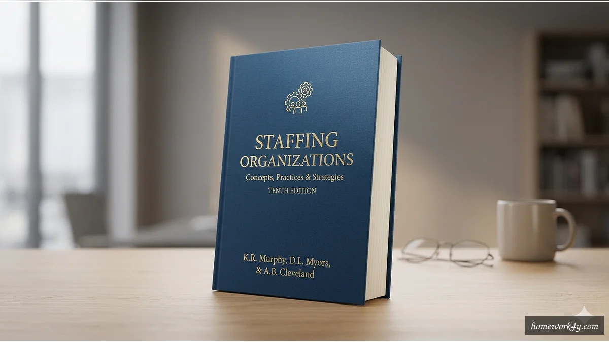 Sleek 3D angled book mockup of 'Staffing Organizations' on a clean workspace