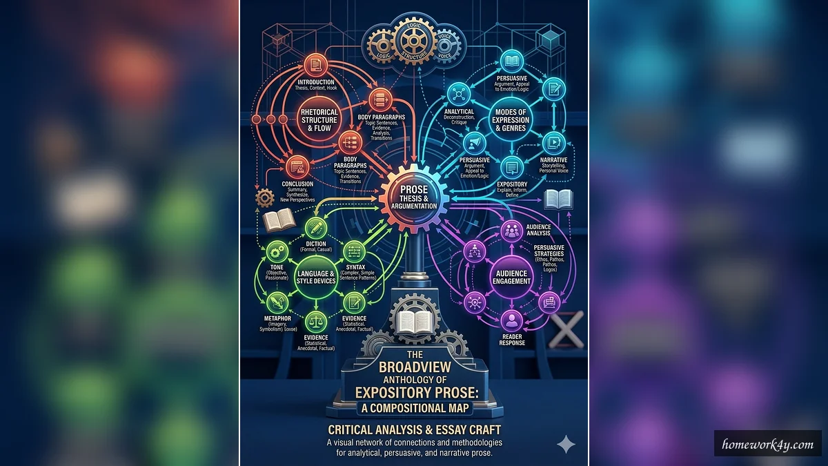 Infographic visualizing the core compositional axes of the essays in The Broadview Anthology of Expository Prose, featuring a complex network of interconnected nodes and arrows