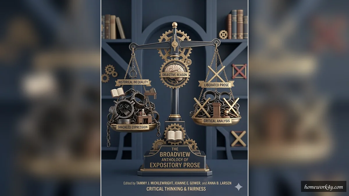 Balance scale with shackles and crossed-out shackles, illustrating the concept of balance and equality in The Broadview Anthology of Expository Prose