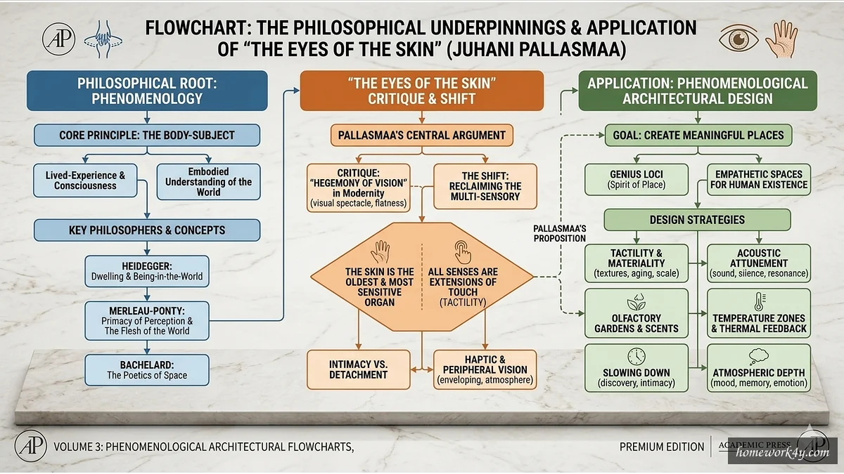 Phenomenological philosophy infographic, illustrating the key concepts and ideas of The Eyes of the Skin