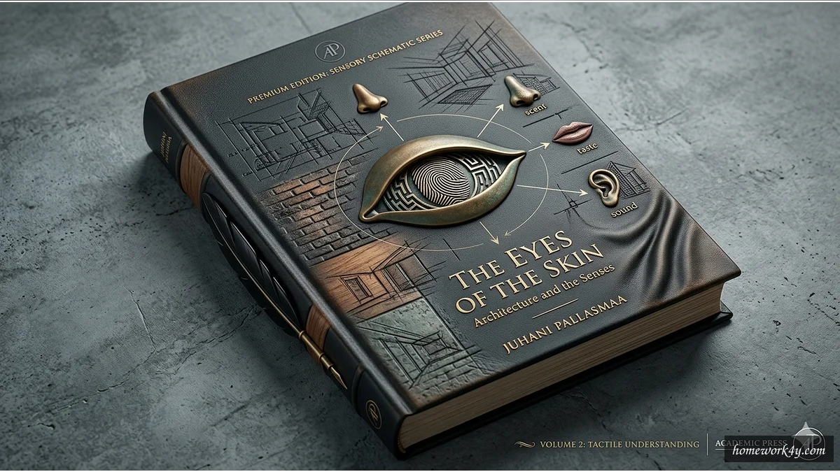 The Eyes of the Skin book cover design, featuring a complex architectural structure with multiple sensory elements