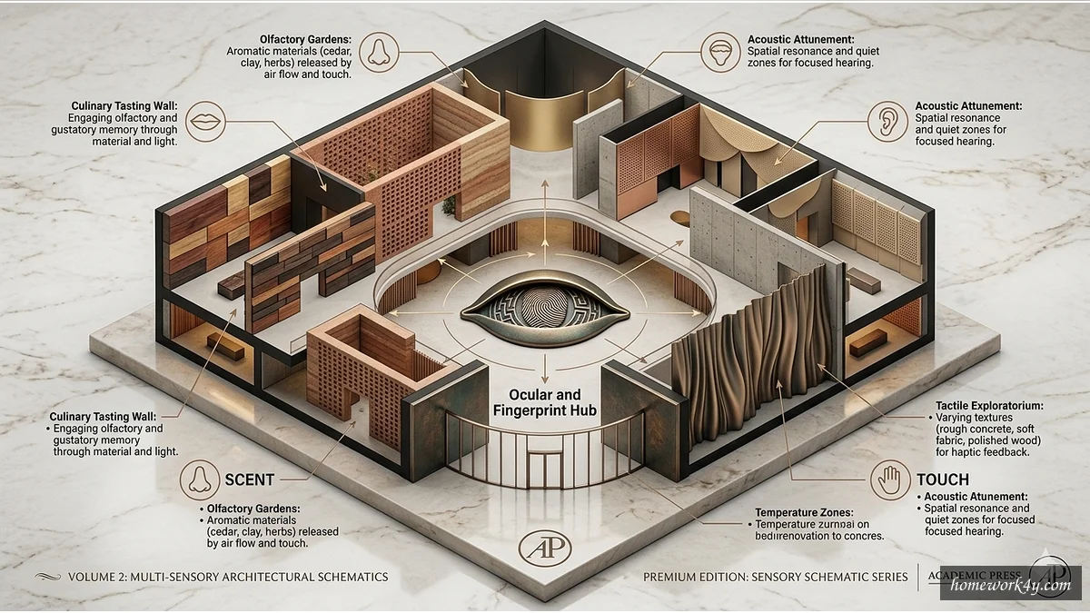 Multi-sensory architecture 3D rendering, showcasing a building design that incorporates different senses