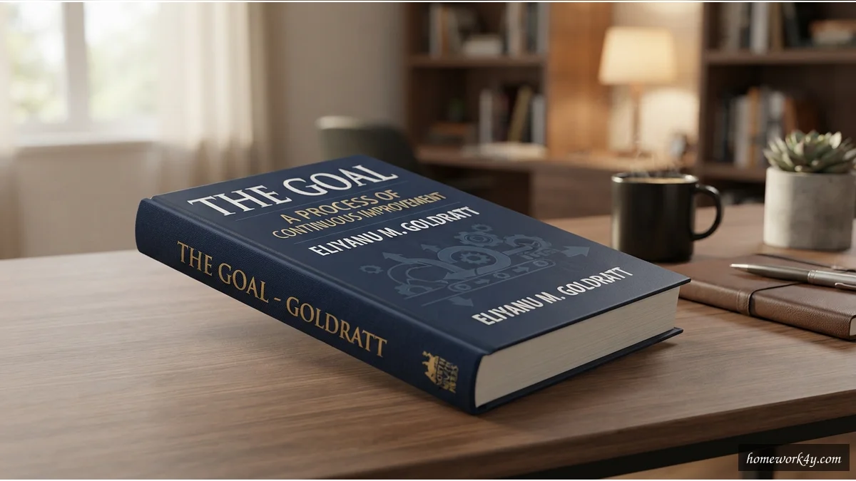 Photorealistic 3D view of The Goal PDF book angled on a desk, front cover clearly visible.