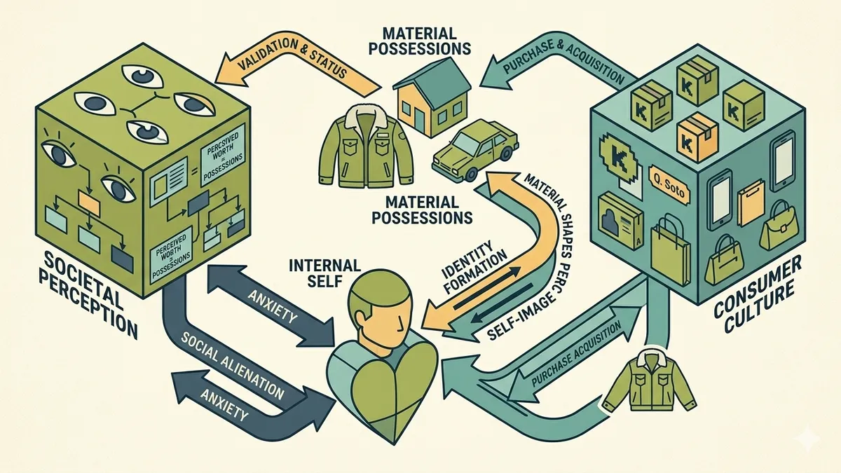 Vector isometric schematic illustrating the relationships between consumer culture, identity, and societal perception