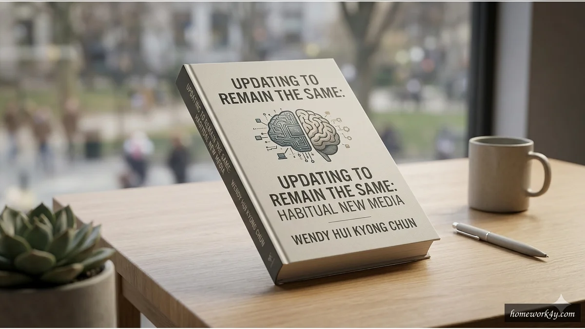 A 3D book mockup of 'Updating to Remain the Same: Habitual New Media' on a clean workspace