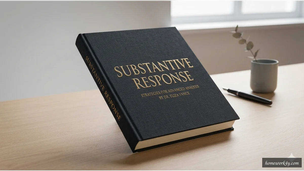 Sleek 3D book mockup of 'Substantive Response' on a clean workspace