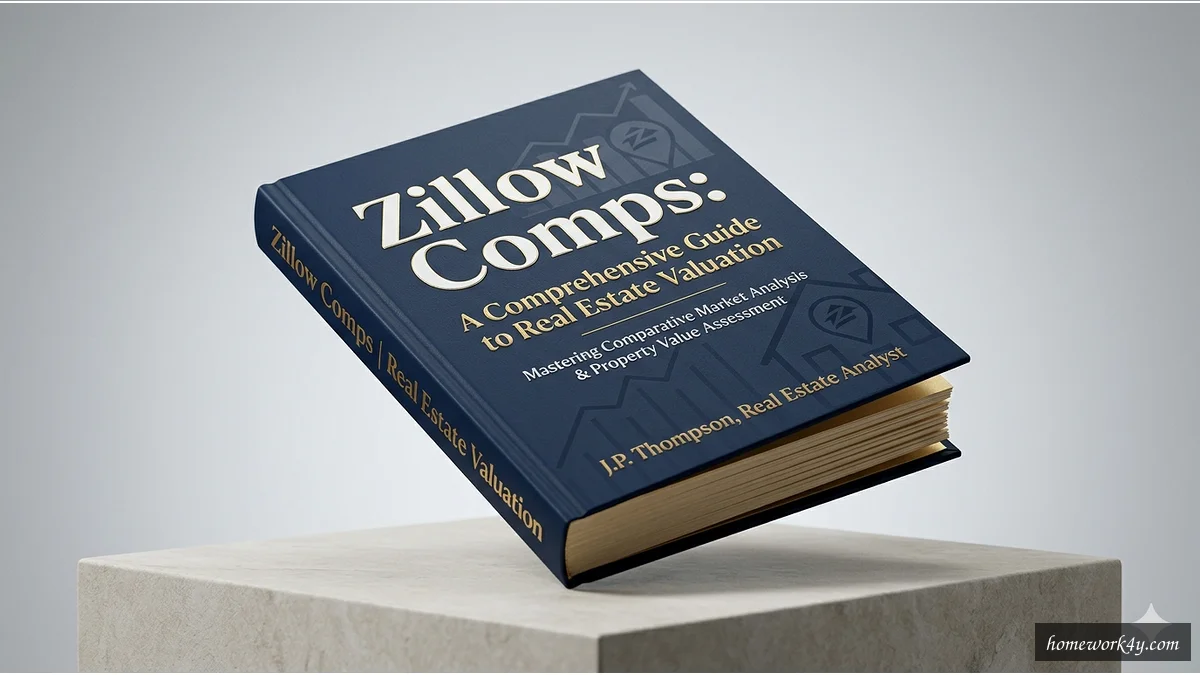 Sleek 3D angled book mockup of Zillow comps on a clean workspace